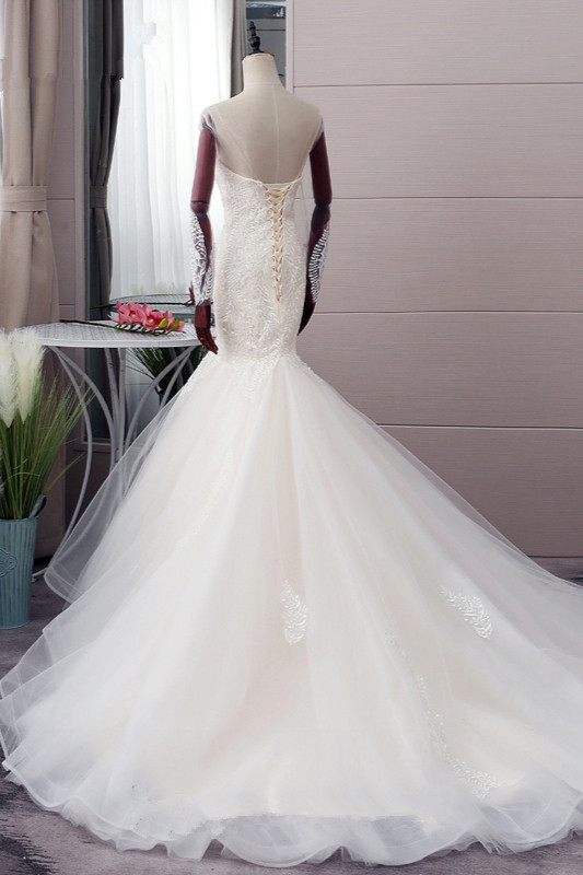 Mermaid Jewel Neck Long Sleeves Floor-length Tulle Wedding Dress With Lace 3