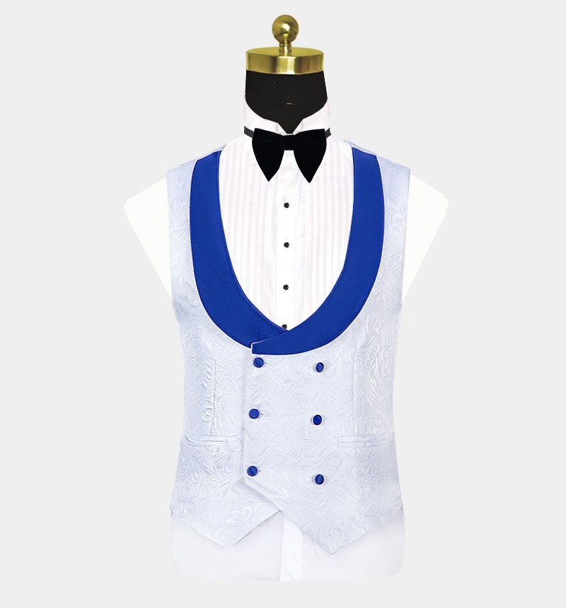 White Jacquard Tuxedo with Blue Shawl Lapel 4
