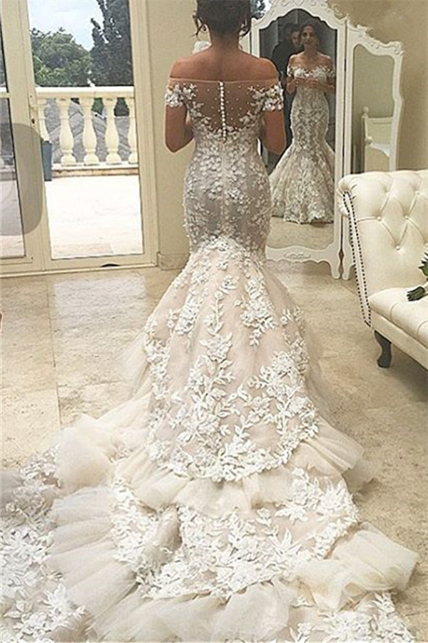 Mermaid Off-the-shoulder Court Train Tulle Bridal Gown With Appliques 2