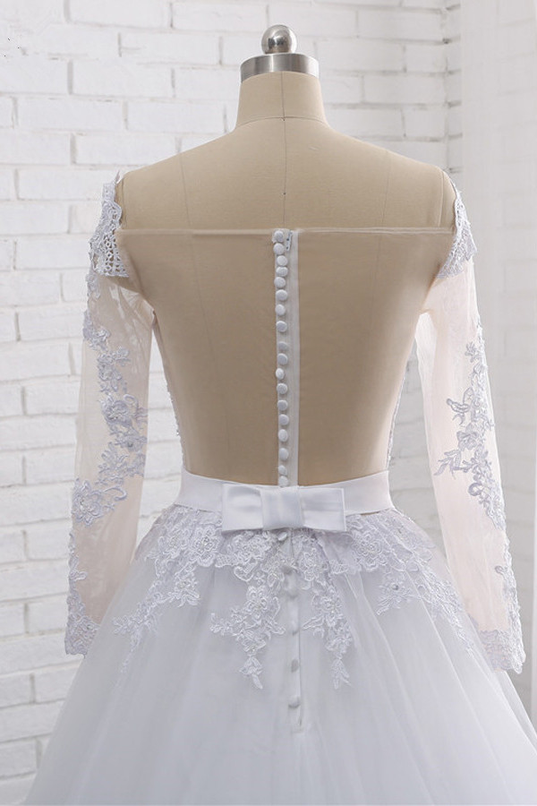 A-line Off-the-shoulder Long Sleeves Floor-length Tulle Wedding Dress With Lace 6