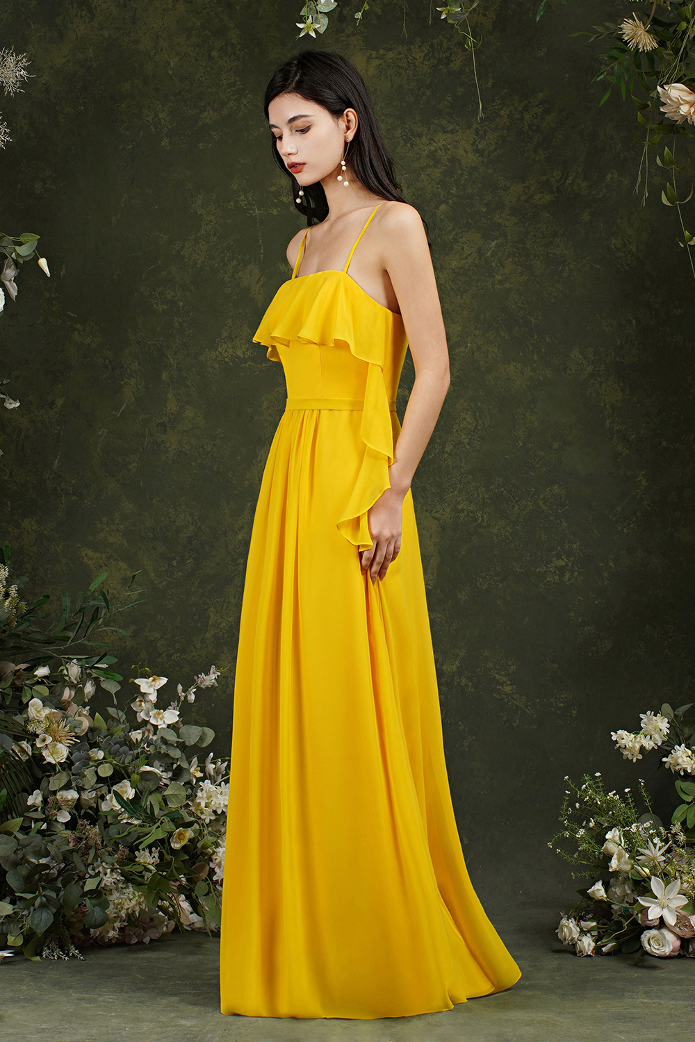 A-line Spaghetti Straps Sleeveless Floor-length 100D Chiffon Bridesmaid Dress With Pockets 3