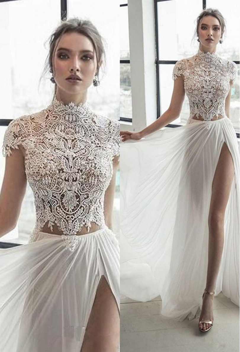 A-line High Neck Cap Sleeves Sweep / Brush Train Lace Bridal Gown With Lace 3