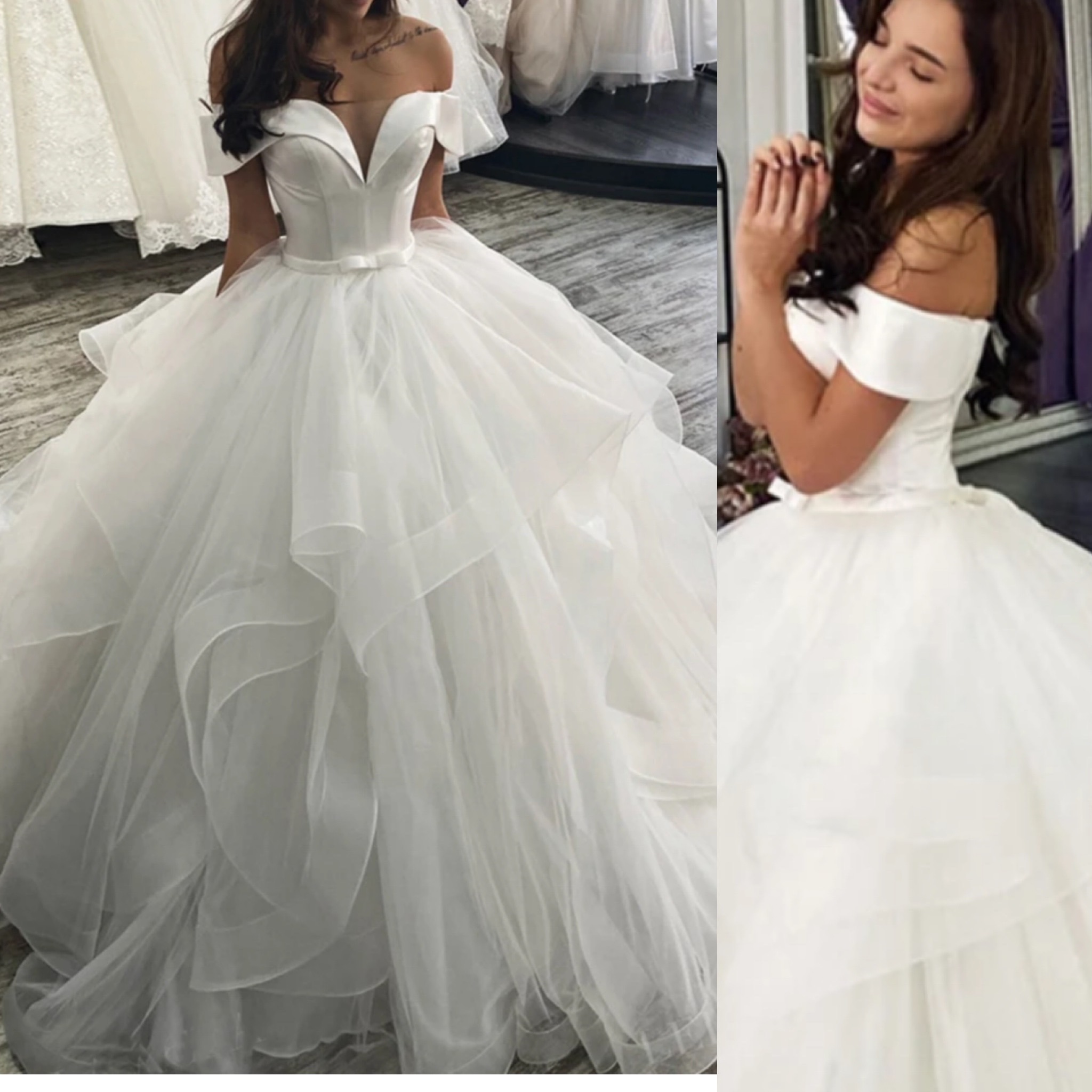 A-line Off-the-shoulder Sleeveless Floor-length Tulle Wedding Gown With Tiered 4