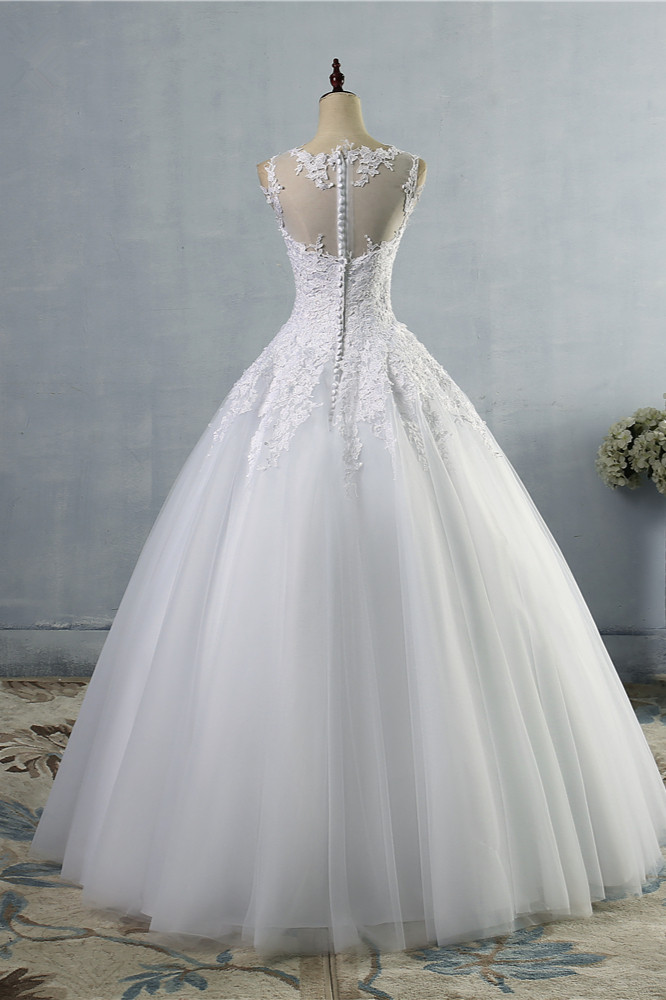 A-line Jewel Neck Sleeveless Floor-length Tulle Bridal Dress With Appliques 2