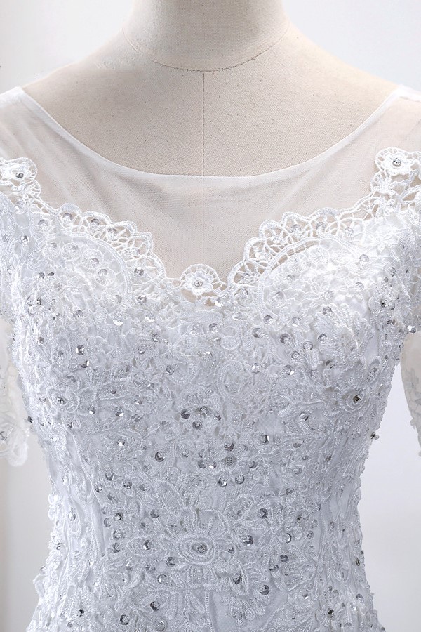 Mermaid Jewel Neck Short Sleeves Floor-length Tulle Wedding Dress With Lace 4