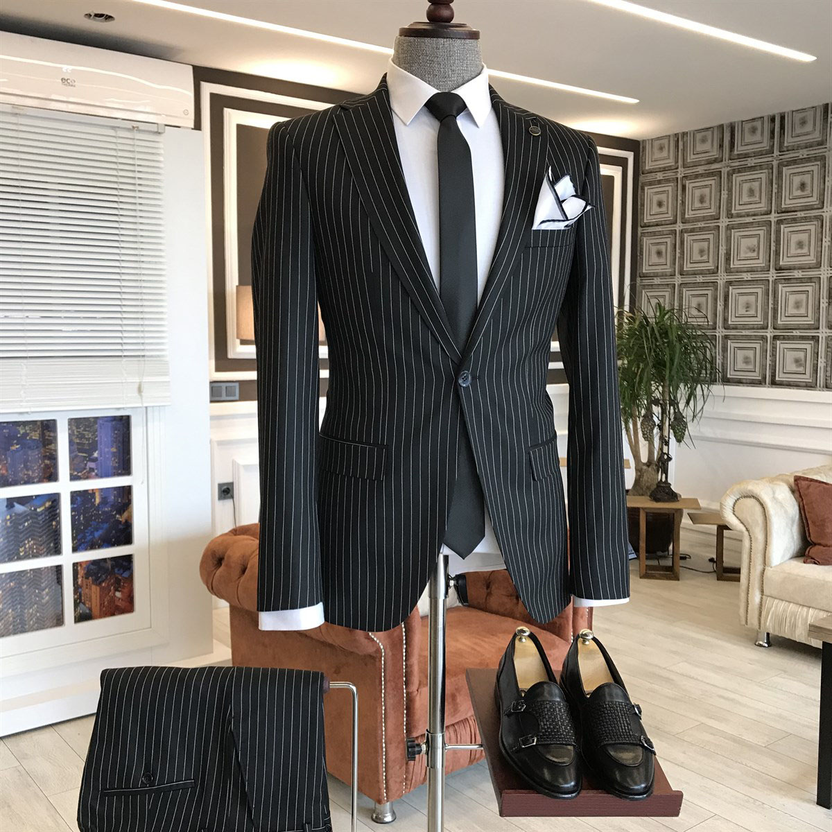 Black Striped Formal Men Jacket with Notched Lapel 2