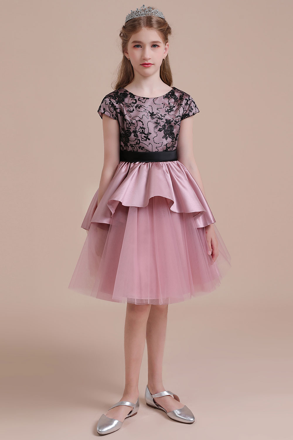 A-line Jewel Neck Short Sleeves Knee-length Satin Flower Girl Dress With Lace 4