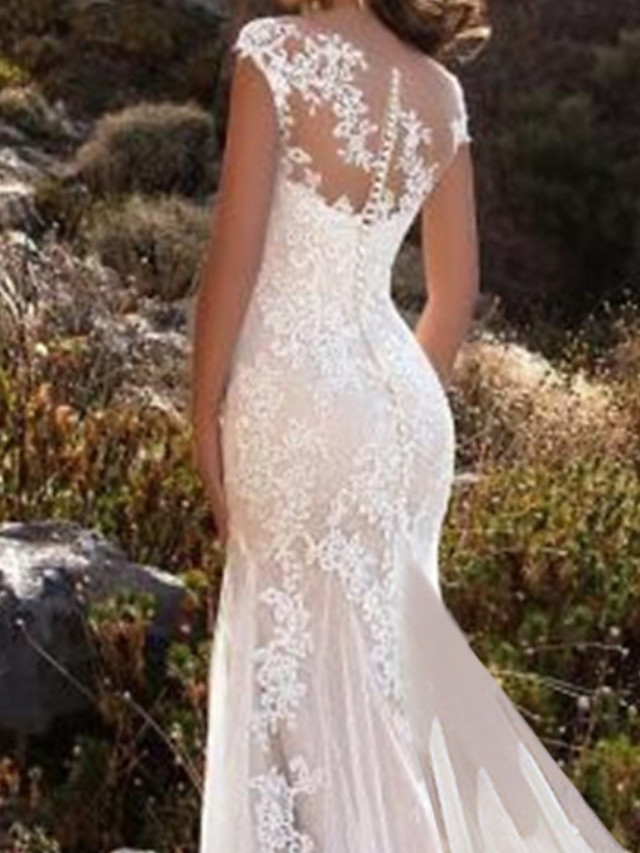 Mermaid Sleeveless Chapel Train Lace Bridal Gown With Buttons 3