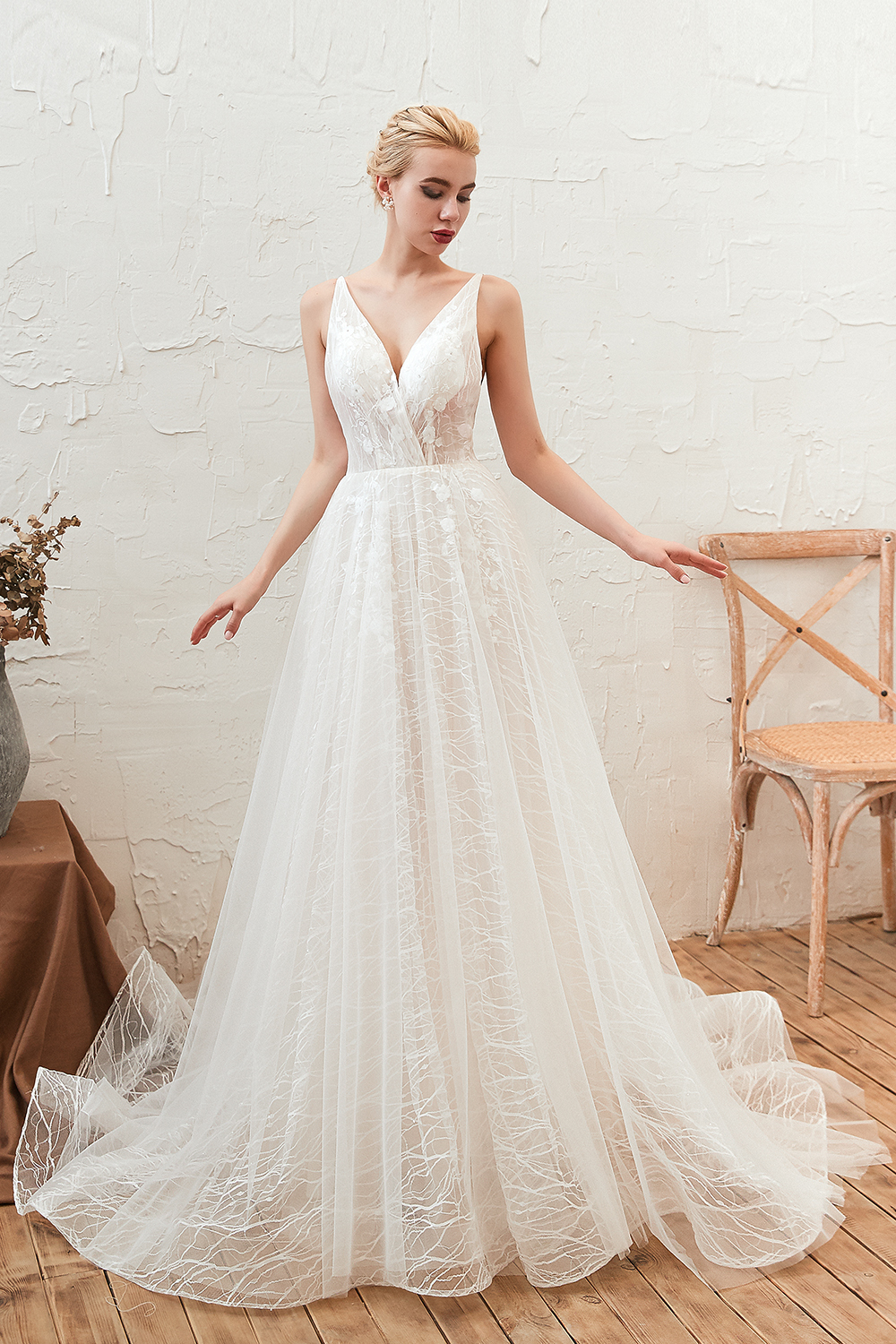A-line Plunging Neckline Sleeveless Chapel Train Tulle Bridal Gown With Lace 8