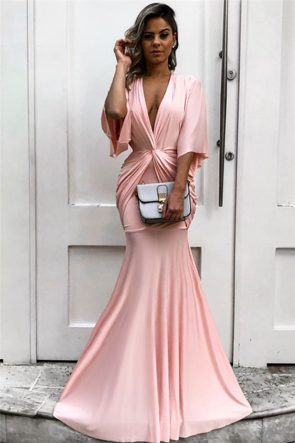 Half Sleeves Deep V-neck Pink Evening Dresses |  Mermaid Formal Dresses with Pleats -  and 1