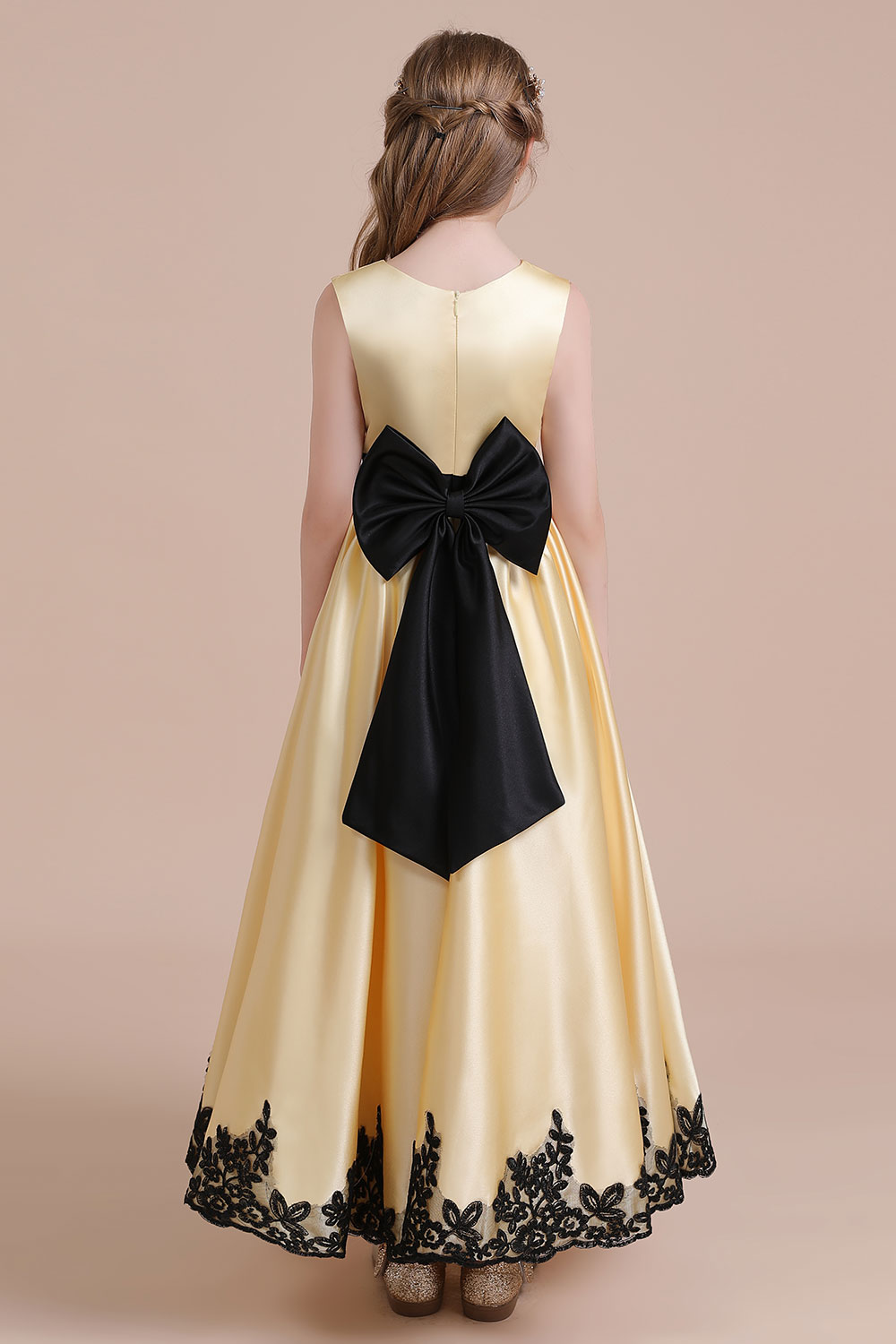 A-line Jewel Neck Sleeveless Ankle-length Satin Flower Girl Dress With Appliques 2