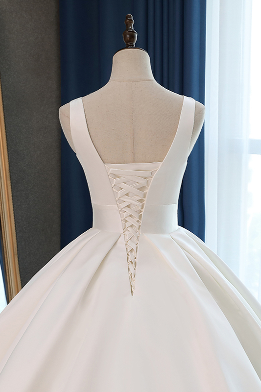 Ball Gown Plunging Neckline Sleeveless Floor-length Satin Wedding Dress With Ruffles 6