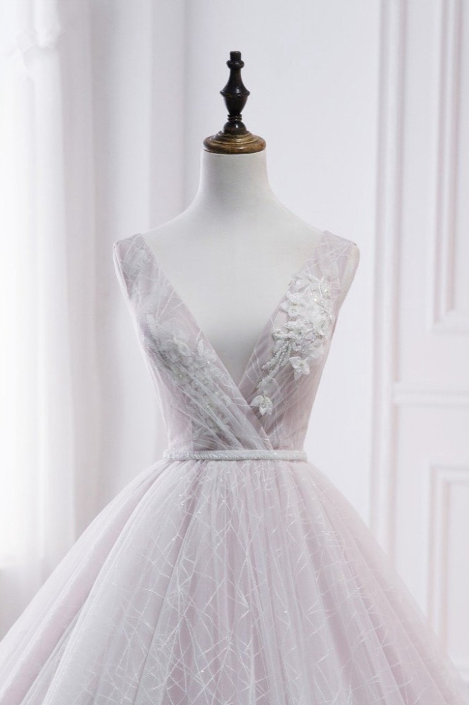 A-line V-neck Sleeveless Floor-length Tulle Bridal Dress With Beading 5