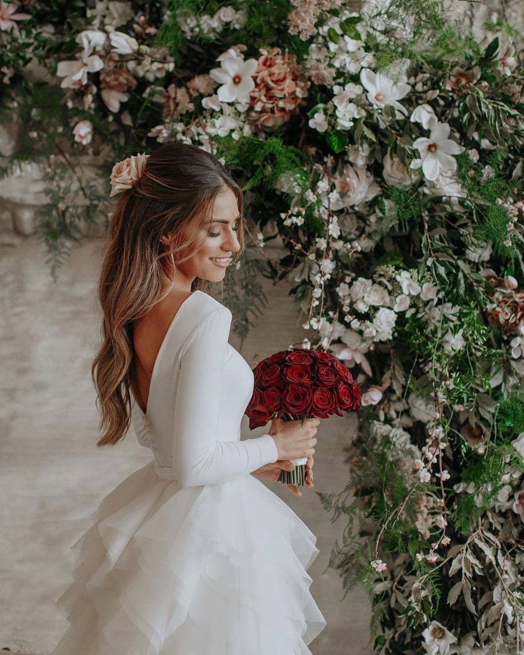 Isadora Long Sleeve Crepe Bodice Wedding Dress with Cascading Ruffle Tulle Skirt 6