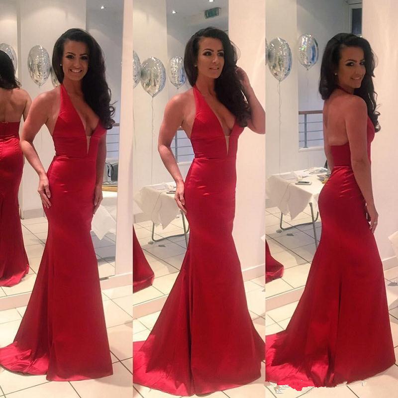 Mermaid V-neck Sleeveless Stretch Satin Evening Dress With Sweep / Brush Train 2