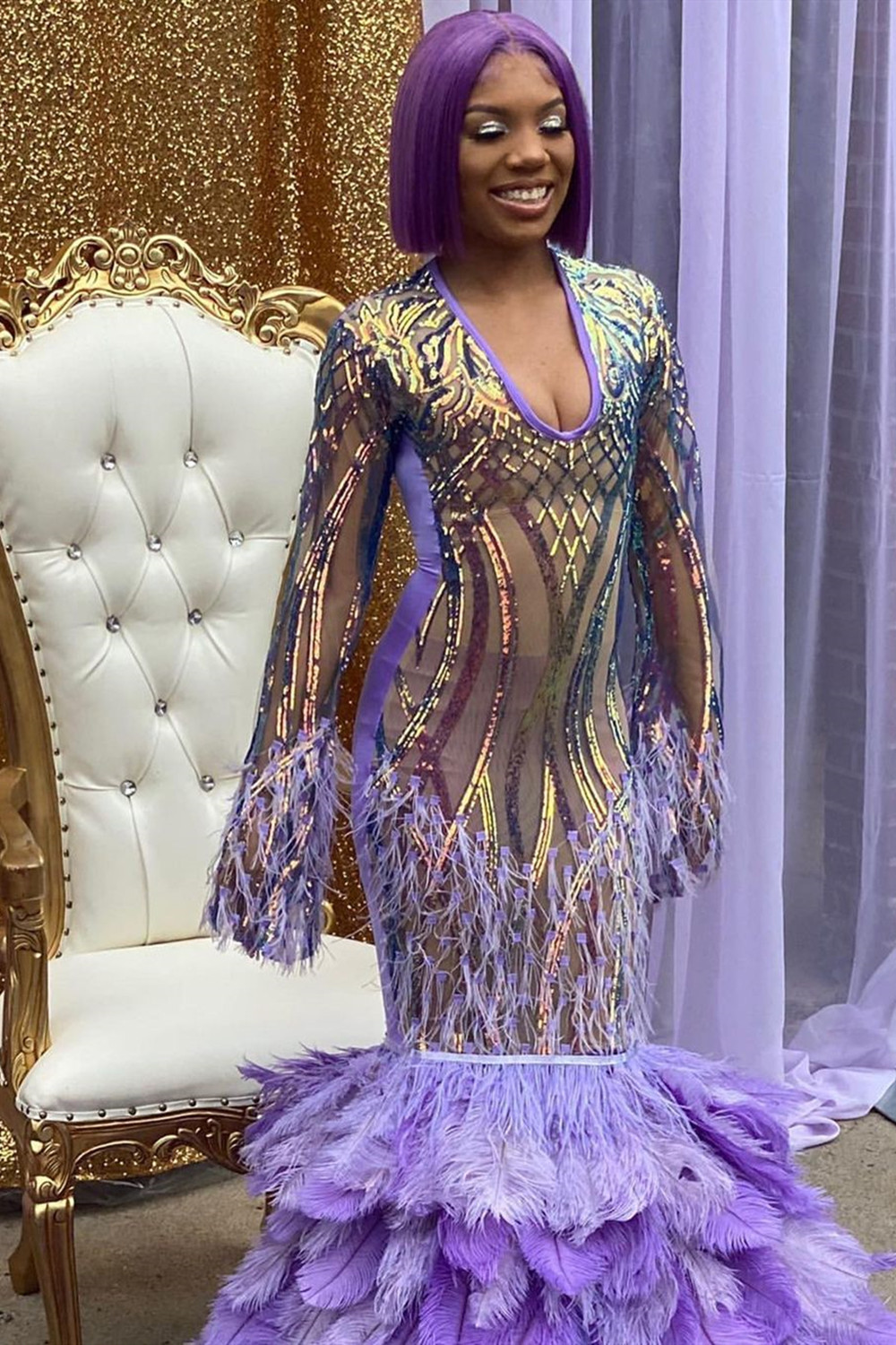 Mermaid Jewel Neck Sleeveless Sweep / Brush Train Elastic Silk-like Satin Formal Wear With Feathers 2