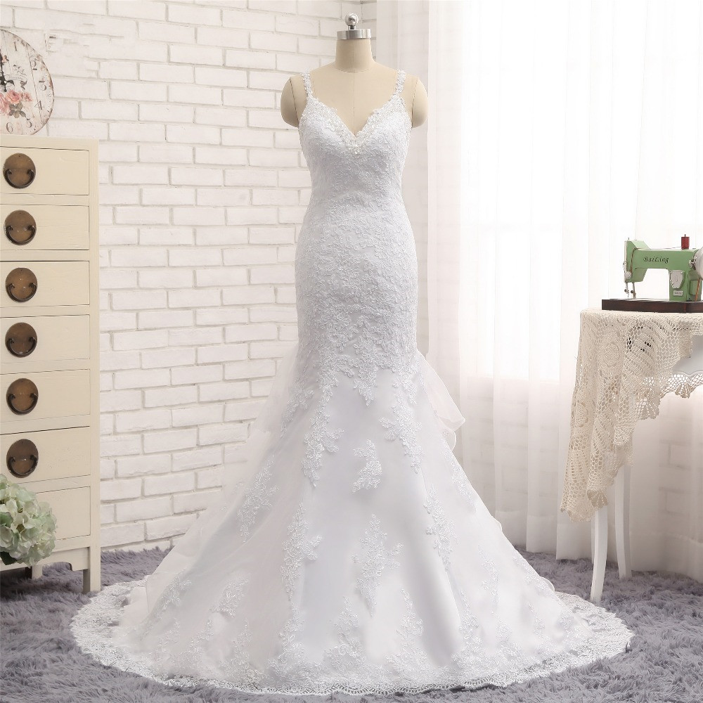 Mermaid Straps V-neck Sleeveless Floor-length Satin Bridal Dress With Appliques 6