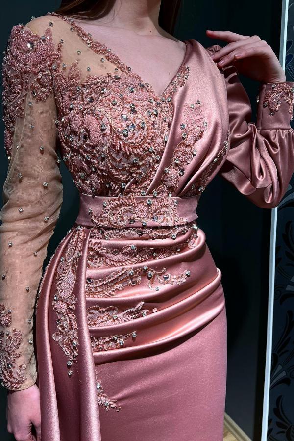 Mermaid Jewel Neck Long Sleeves Floor-length Stretch Satin Evening Dress With Appliques 2