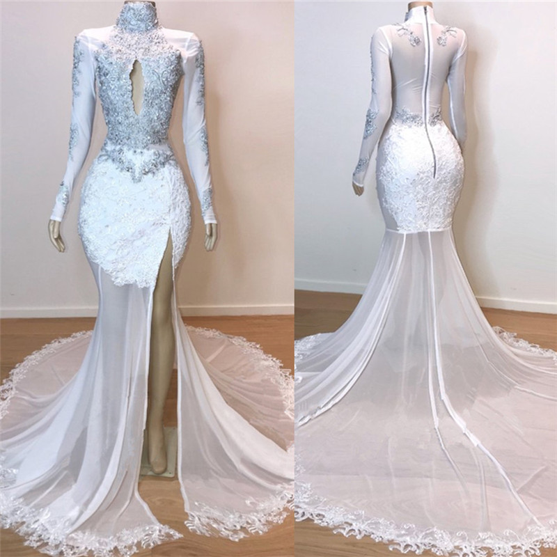 Column High Neck Long Sleeves Court Train Tulle Evening Dress With Appliques 2