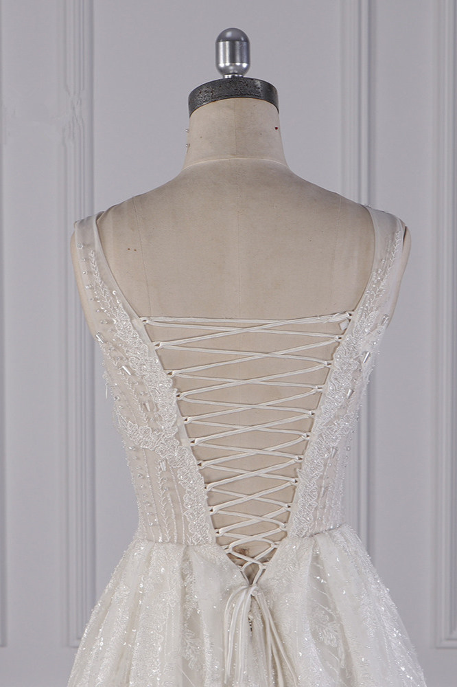 A-line Jewel Neck Sleeveless Floor-length Tulle Bridal Dress With Ruffles 6