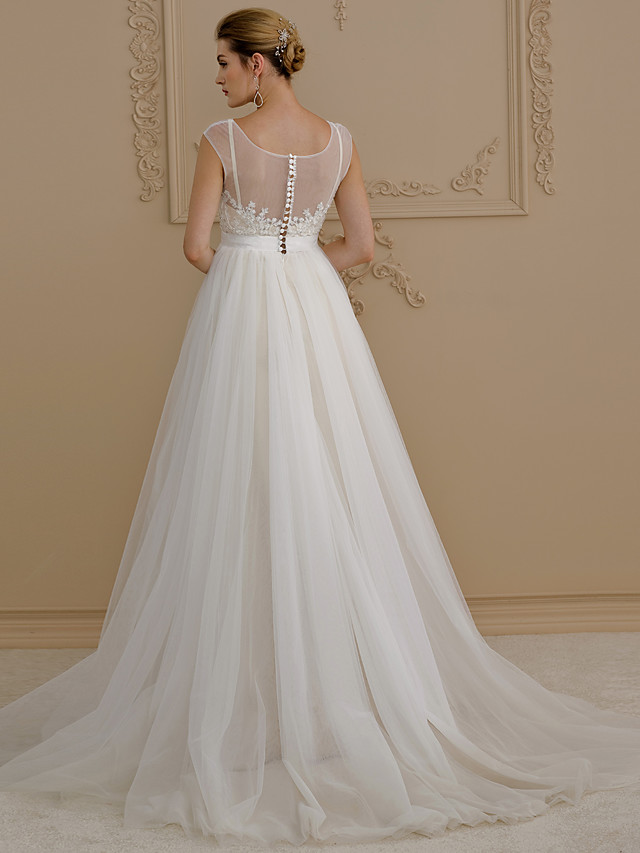 A-line Cap Sleeves Sweep / Brush Train Tulle Bridal Gown With Buttons 3