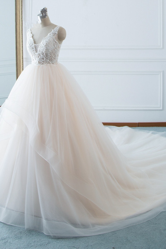 A-line V-neck Sleeveless Floor-length Tulle Wedding Dress With Appliques 3