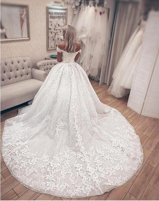 Ball Gown Off-the-shoulder Cap Sleeves Sweep / Brush Train Lace Bridal Gown With Lace 2