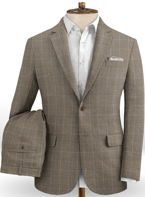 Camel Plaid Linen Wedding Men Suits 2