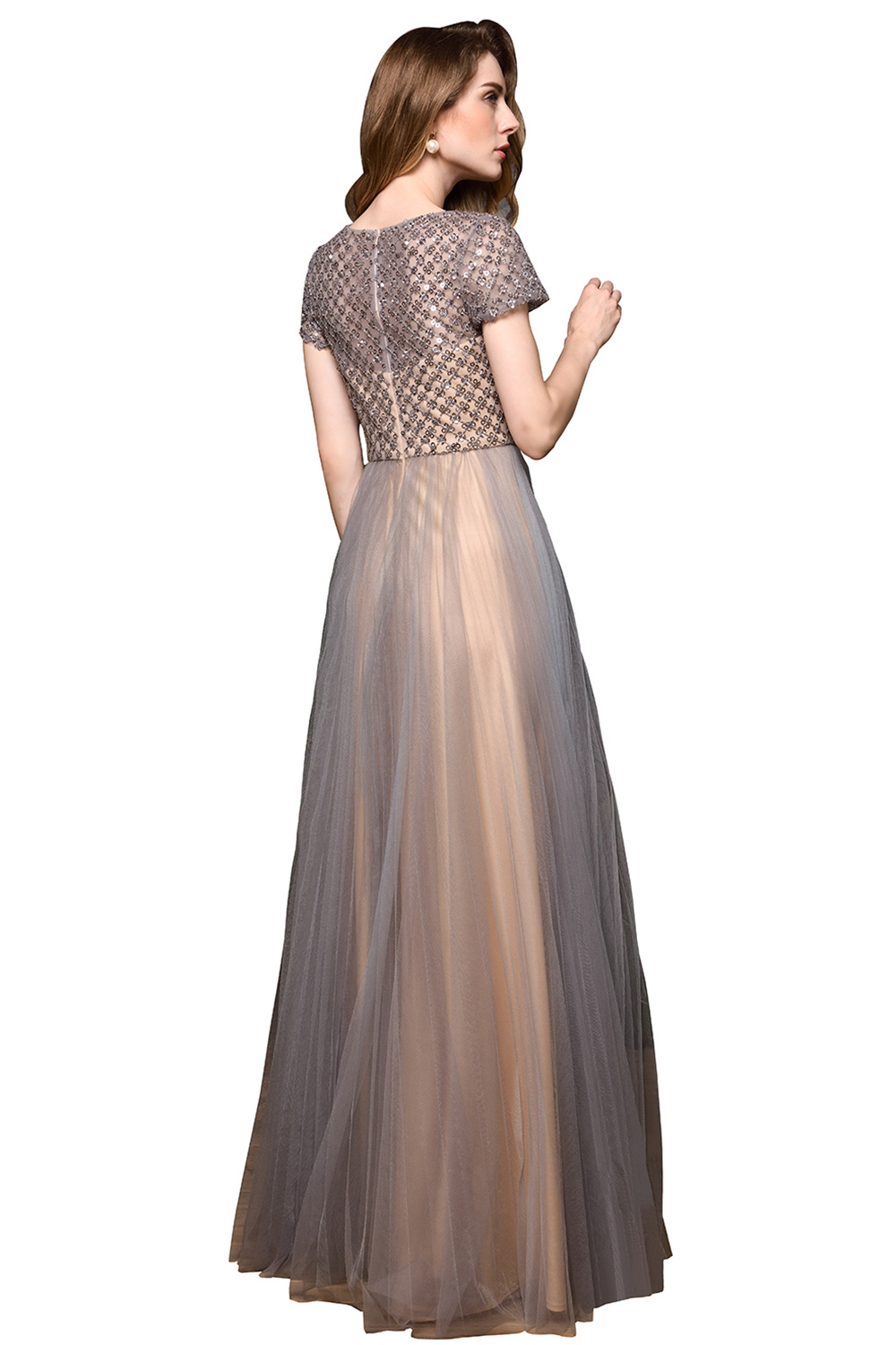 A-line V-neck Short Sleeves Floor-length Tulle Formal Dress With Sequins 10