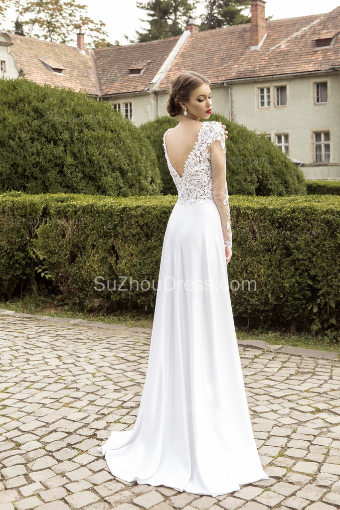Column V-neck Sweep / Brush Train 100D Chiffon Bridal Gown With Lace 3