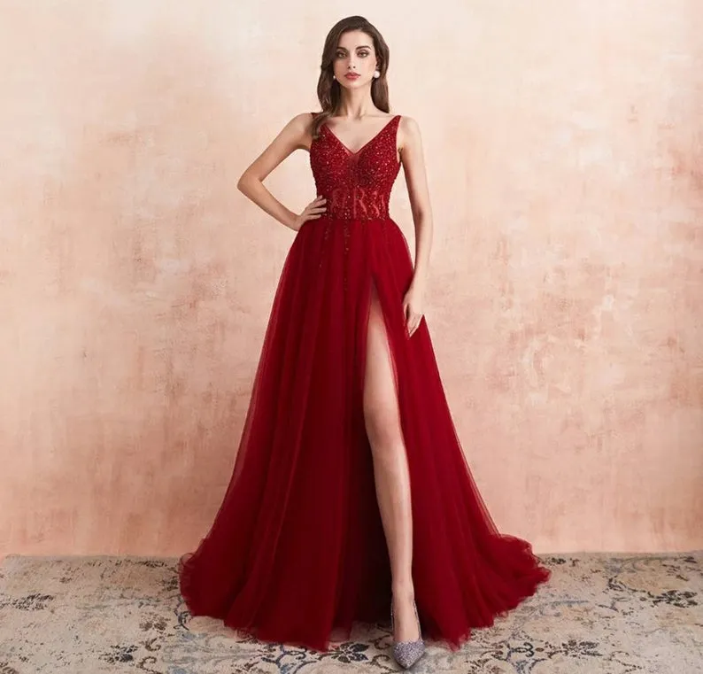 A-line V-neck Sleeveless Floor-length Tulle Evening Dress With Ruffles 2