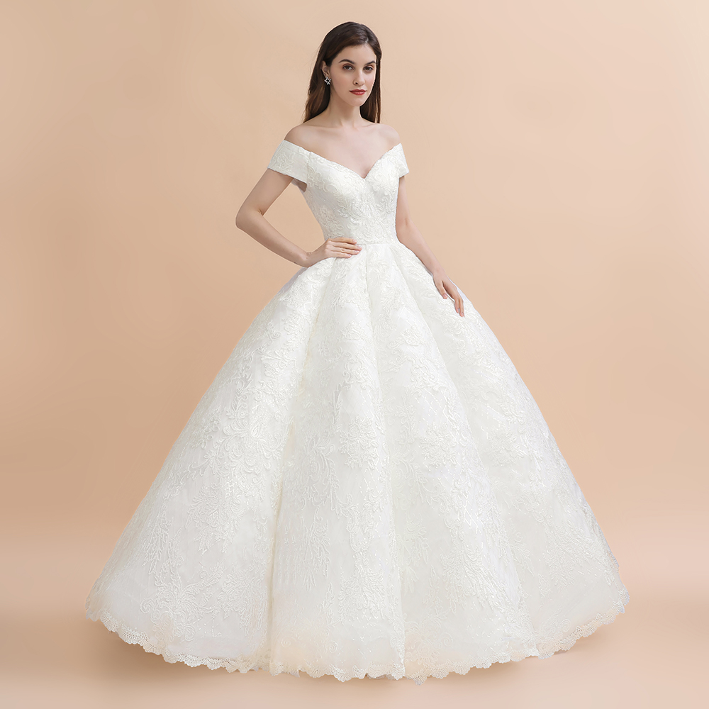 Ball Gown Off-the-shoulder Cap Sleeves Sweep / Brush Train Hard Net Wedding Gown With Appliques 7