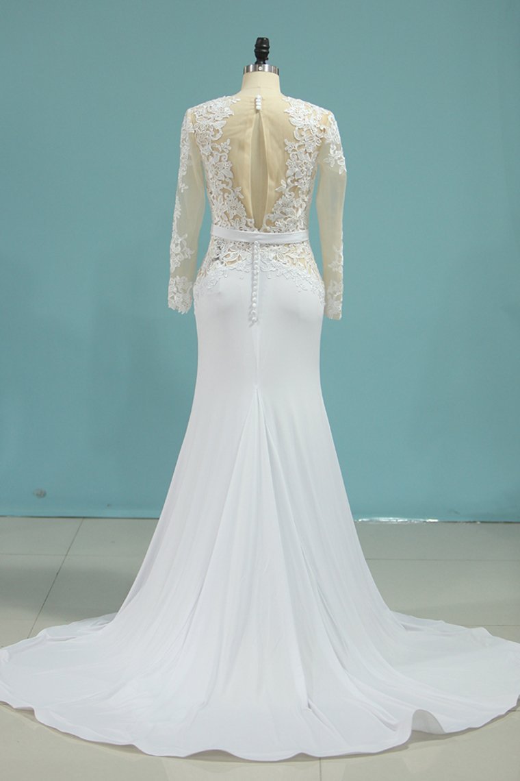 A-line Jewel Neck Long Sleeves Floor-length 100D Chiffon Bridal Gown With Lace 3