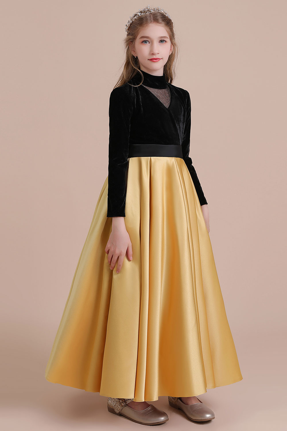 A-line High Neck Long Sleeves Ankle-length Satin Flower Girl Dress With Ribbons 5