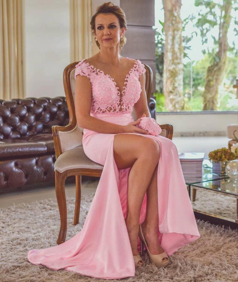 Pink Column Lace Evening Dresses | Cap Sleeves Open Back Side Slit Formal Dress -  and 3