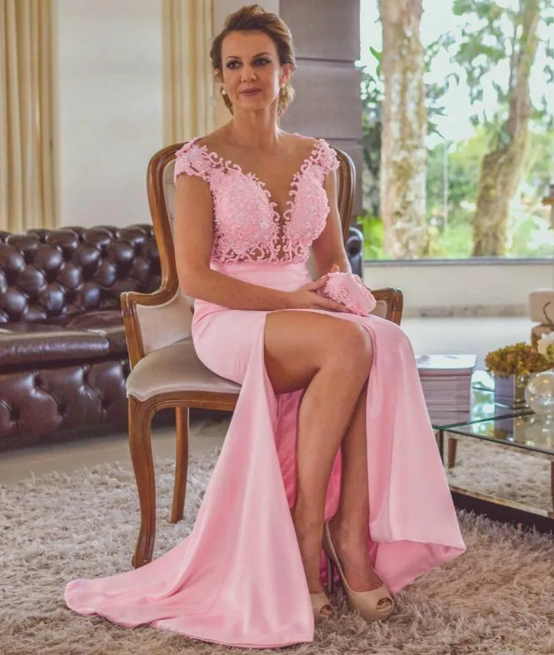 Pink Column Lace Evening Dresses | Cap Sleeves Open Back Side Slit Formal Dress -  and 3