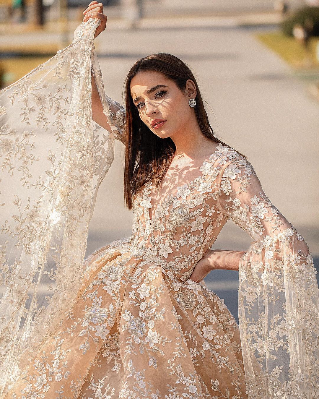 A-line V-neck Long Sleeves Sweep / Brush Train Lace Wedding Gown With Lace 3