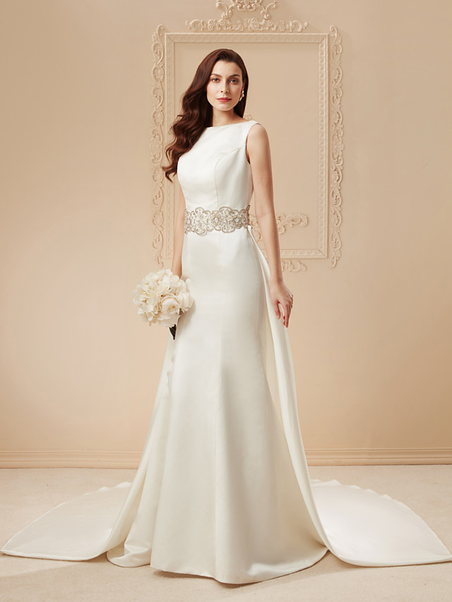 Mermaid Straps Bateau Neck Cathedral Train Tulle Wedding Gown With Beading 10