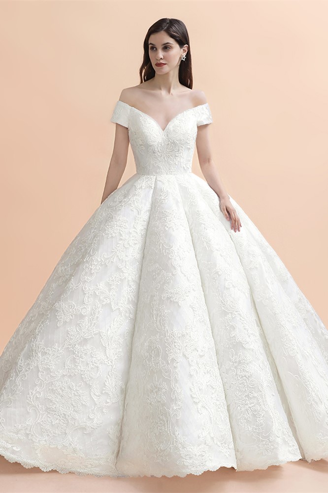 Ball Gown Off-the-shoulder Cap Sleeves Chapel Train Tulle Wedding Gown With Appliques 11