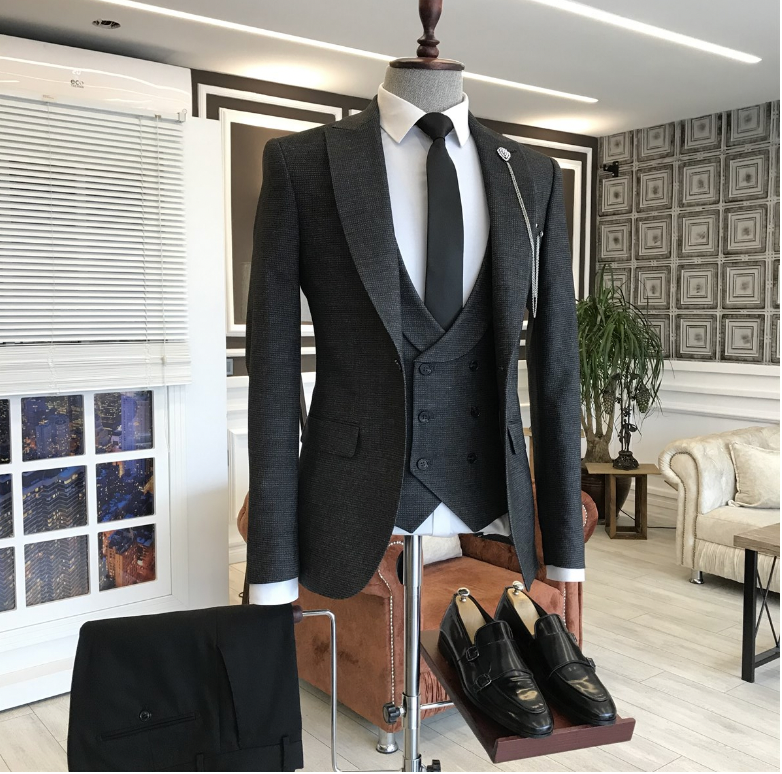 Black Plaid Double Breasted Waistcoat Business Suit 2