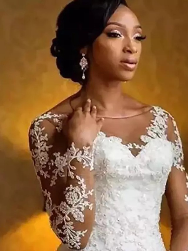 Mermaid Scoop Neck Long Sleeves Court Train Lace Bridal Dress With Buttons 3