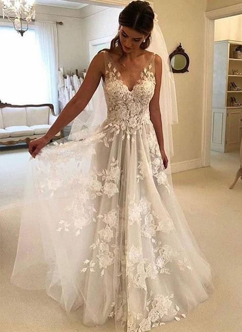 A-line V-neck Sleeveless Sweep / Brush Train Lace Bridal Dress With Appliques 3