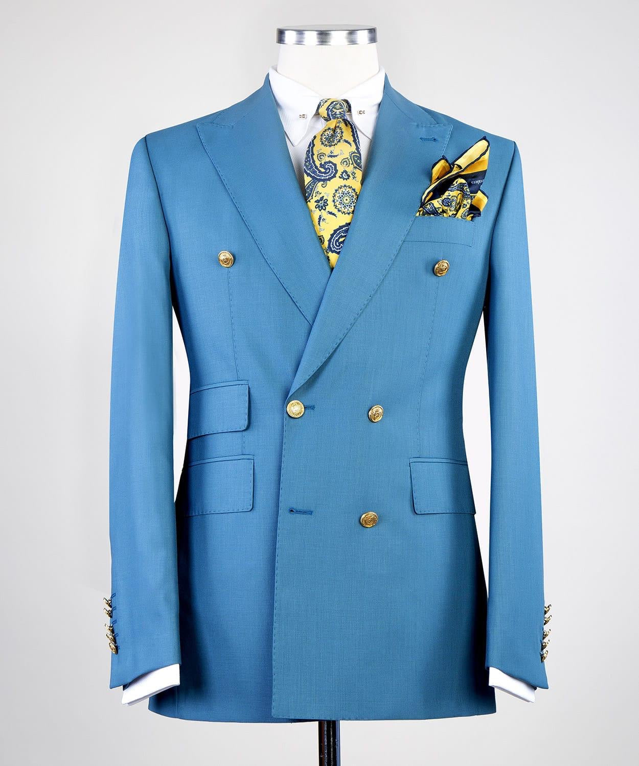 Blue Double Breasted Business Men Suit with Peaked Lapel 3