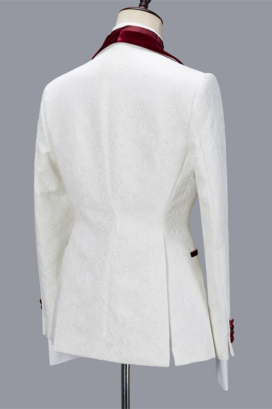 White Jacquard Three Pieces Men's Suit with Velvet Lapel for Wedding 2