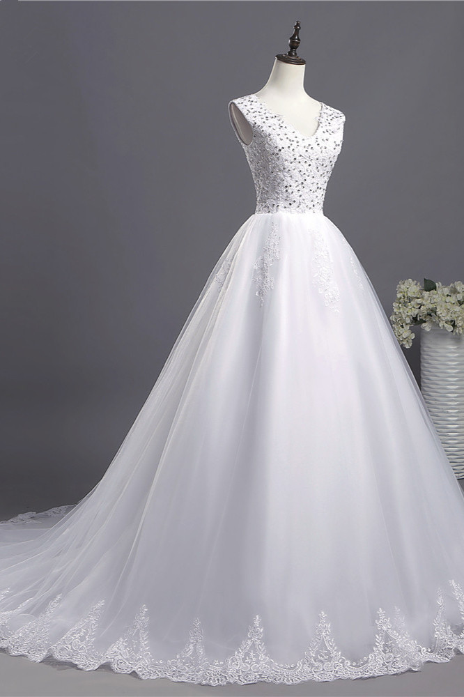 A-line Straps V-neck Sleeveless Floor-length Tulle Wedding Dress With Appliques 5