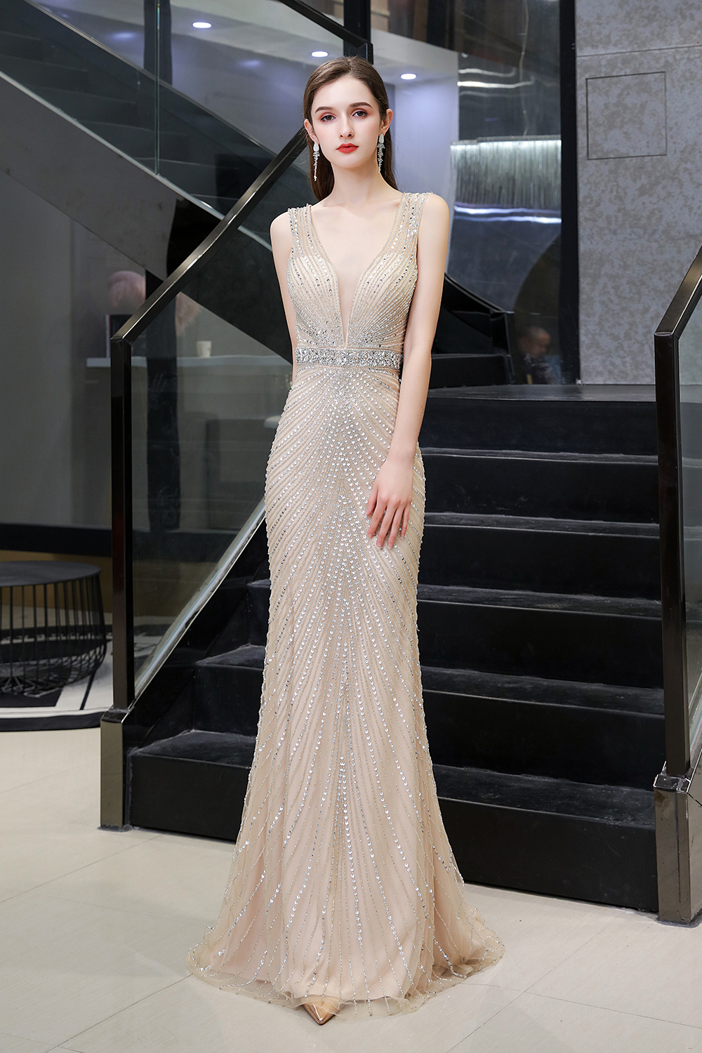 Mermaid V-neck Sleeveless Court Train Tulle Formal Dress With Rhinestone 18