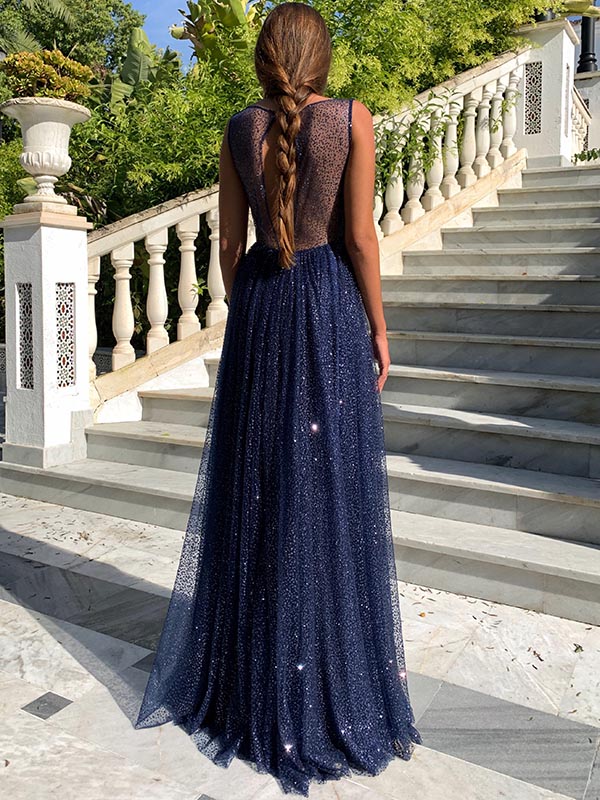 Column Jewel Neck Sleeveless Floor-length Evening Gown With Sequins 2