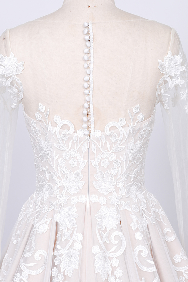 A-line Jewel Neck Long Sleeves Chapel Train Lace Bridal Gown With Lace 3