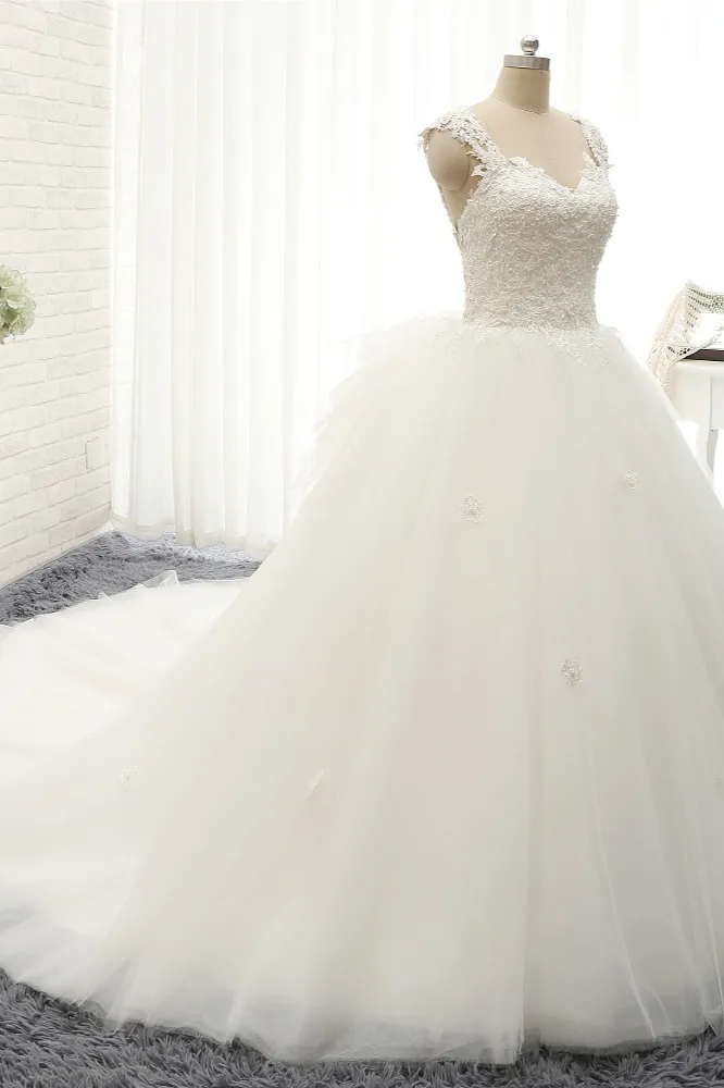 A-line Straps Sleeveless Floor-length Tulle Bridal Dress With Appliques 4