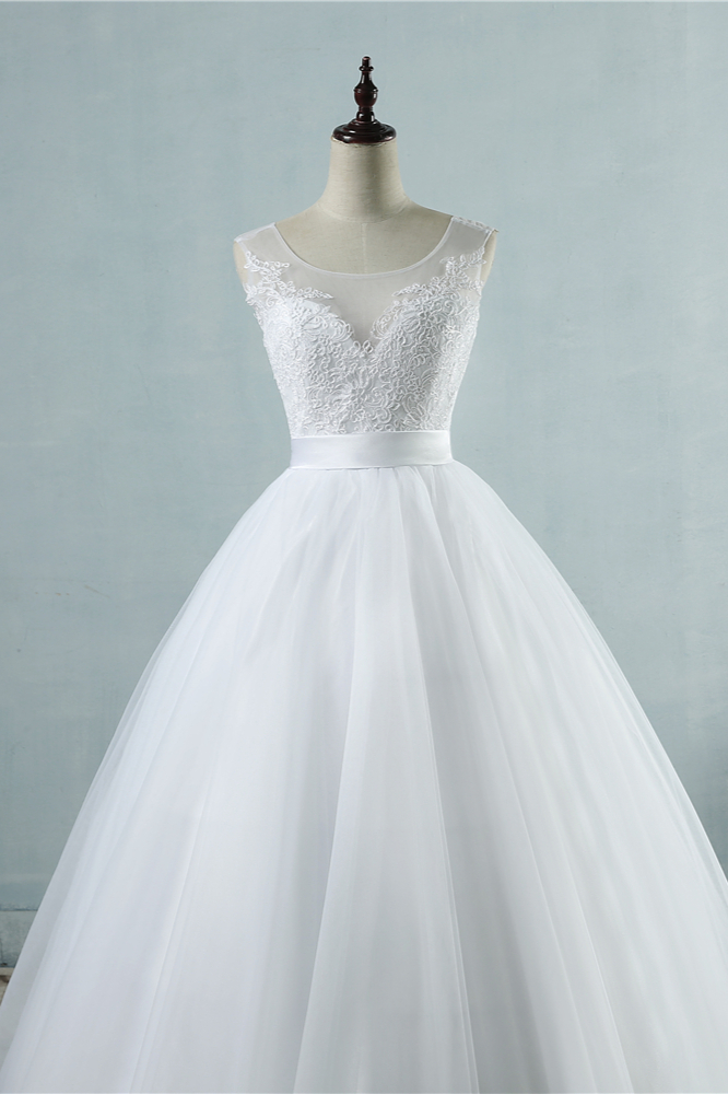 A-line Straps Jewel Neck Sleeveless Floor-length Tulle Bridal Dress With Appliques 5